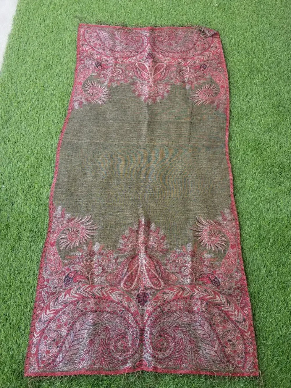 Wool Blanket Scarf Olive Green Brick Red Gold Metallic Threads Paisley Reverses